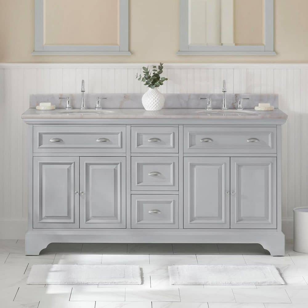 Sadie 67 in. W x 21.5 in. D Vanity in Dove Grey with Marble Vanity Top in Natural White with White Sinks
