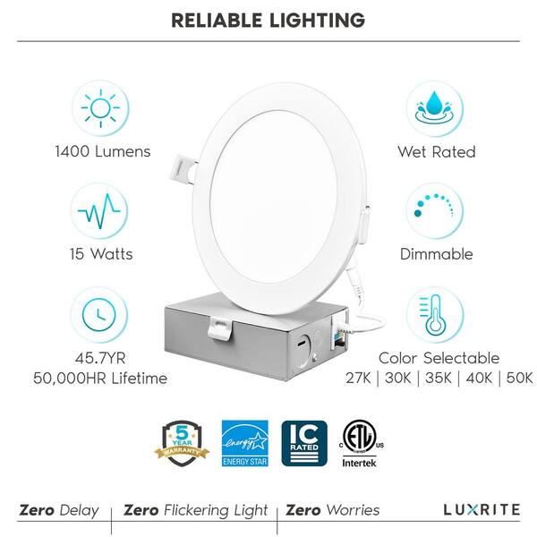 6 in. Ultra Thin Canless 15-Watt 5 Color Options New Construction Integrated LED Recessed Light Kit J-Box (4-Pack)