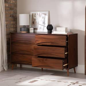 Mid-Century Modern Walnut 6-Drawer 58.5 in. Dresser with Curved Detailing