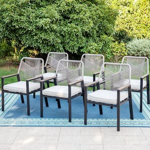 Black Metal Woven Rope Outdoor Patio Dining Chair with Beige Cushions (6-Pack)