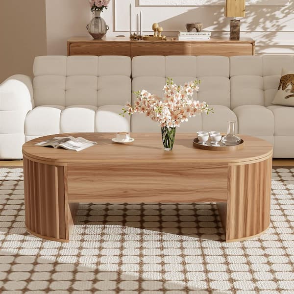 47.2 in. Light Brown Oval MDF Coffee Table wih Hidden Compartment and Lift Tabletop