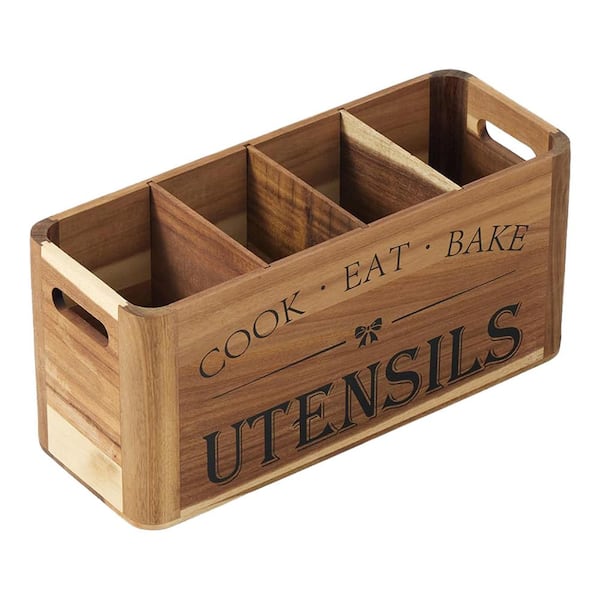 Brown Acacia Wood Extra Large 4 Compartment Utensil Holder with Mounting Hooks for Countertop