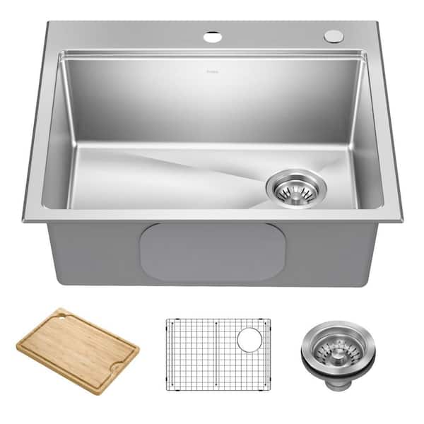 Fairlane 25Drop In / Top Mount Workstation Single Bowl 18-GaugeStainless Steel Kitchen Sinkwith Accessories