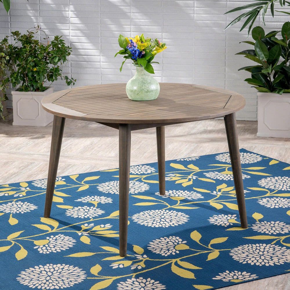 47.25 Inch Acacia Wood Outdoor Round Side Table, Grey Dining Table for Porc