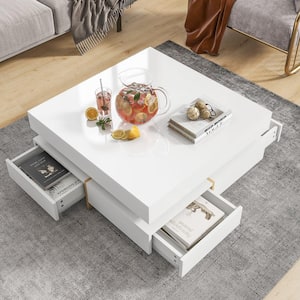 Modern High Gloss White Square Coffee Table with 4 Drawers, Multi-Storage, Wood Grain Legs for Living Room