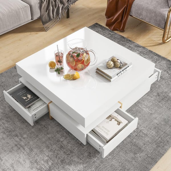 Zeus & Ruta Modern High Gloss White Square Coffee Table with 4 Drawers, Multi-Storage, Wood Grain Legs for Living Room