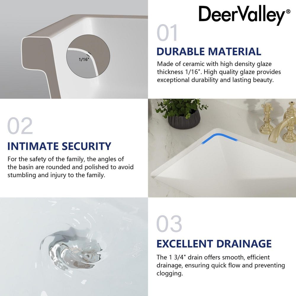 White Ceramic Rectangular Undermount Bathroom Sink with Overflow