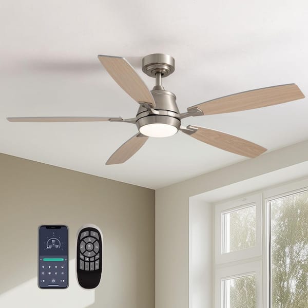 52 in. Indoor Brushed Nickel Ceiling Fan with LED Light, Remote Control, Dimmable and Reversible Quiet Motor