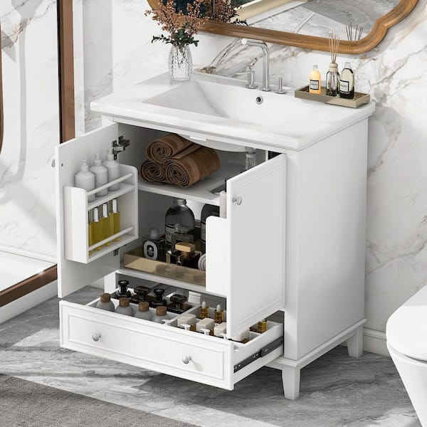 30 in. W x 18 in. D x 35 in. H Freestanding Bath Vanity in White with White Ceramic Top