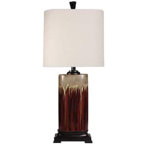 32 in. Dark Red/Tan Glaze Table Lamp with White Fabric Shade