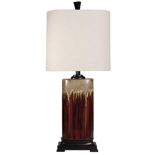 StyleCraft 32 in. Dark Red/Tan Glaze Table Lamp with White Fabric Shade