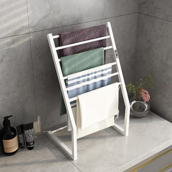 FUFU&GAGA 23.6 in. Freestanding Lavatory Towel Warmer 6 Towel Holders Towel Rack with Heated Towel Bars in White, Stainless Steel