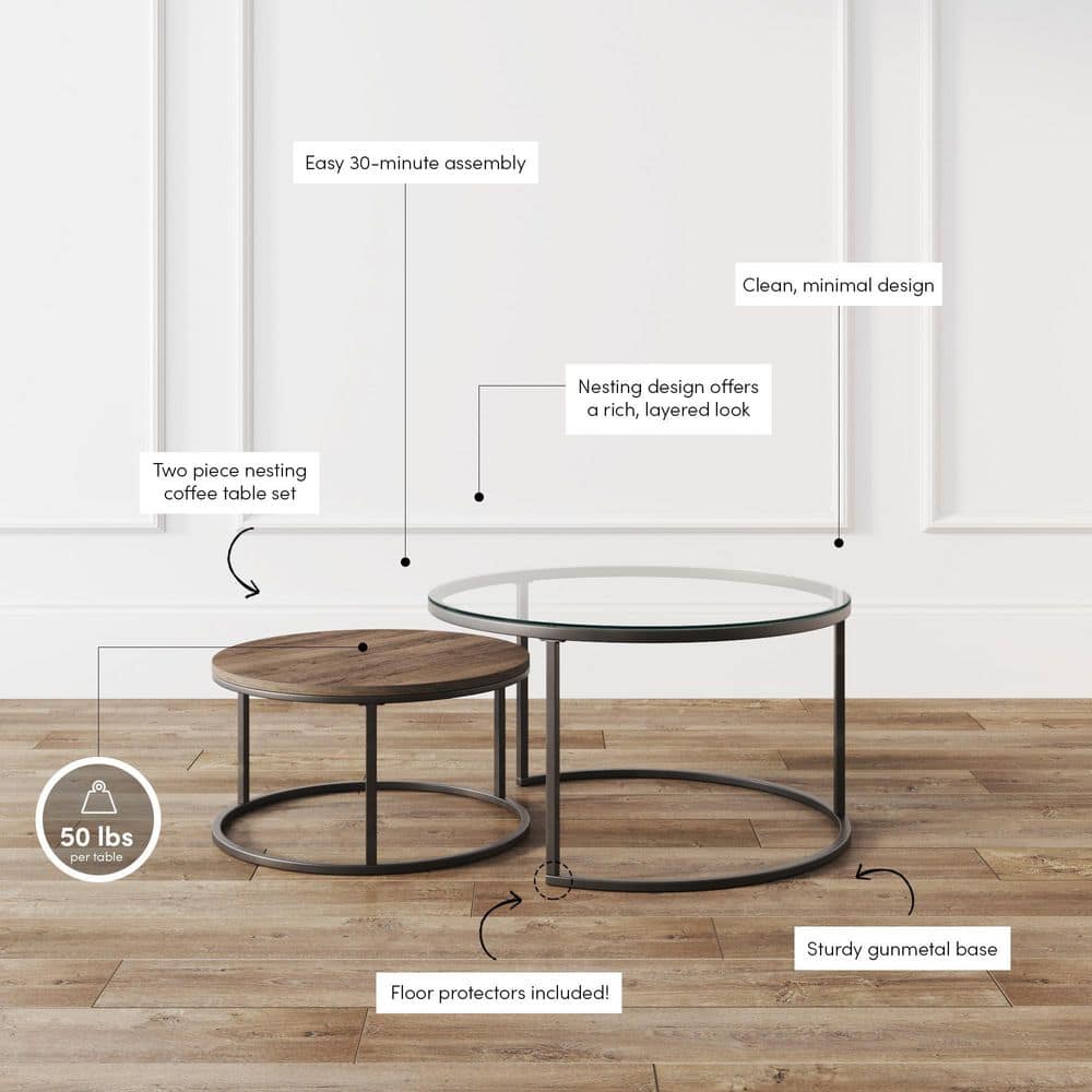 Stella 32" Round Rustic Oak and Glass Nesting Coffee Table Set