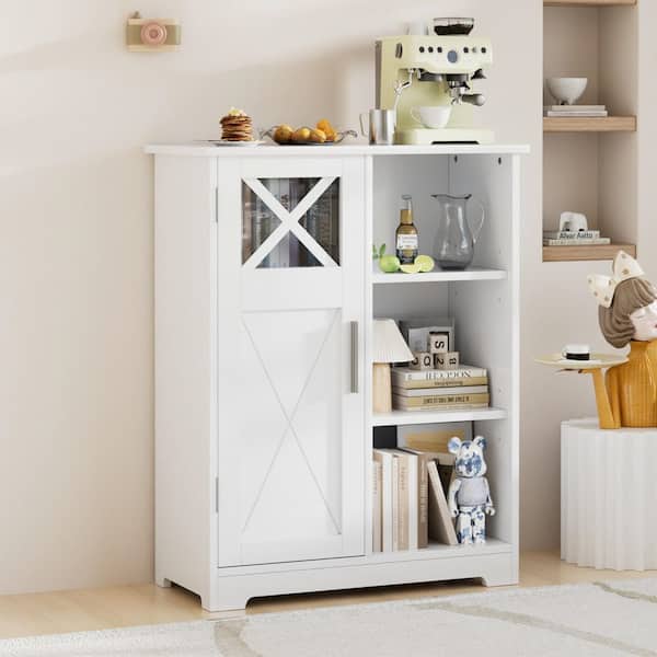 Barn Door Style Sideboard Cabinet White MDF 26 in. W Buffet Storage Cabinet Coffee Bar, Bathroom Floor Storage Cabinet