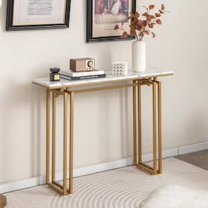 43.5 in. Gold Rectangle MDF Top Console Table Faux Marble Entryway Sofa Table with Metal Legs Living Room