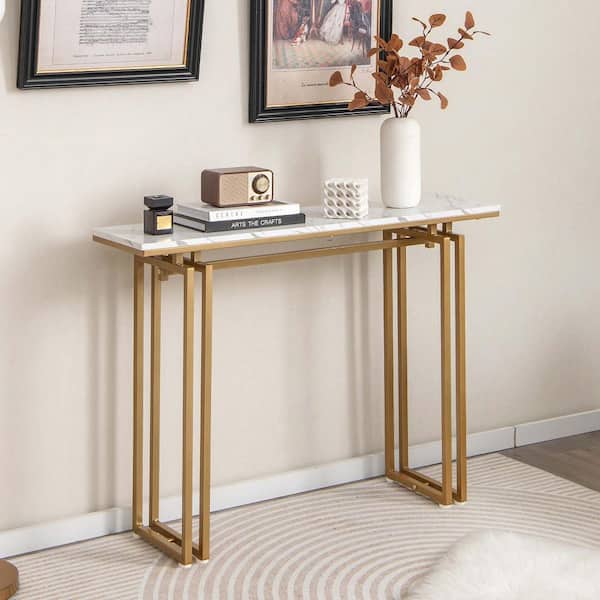 43.5 in. Gold Rectangle MDF Top Console Table Faux Marble Entryway Sofa Table with Metal Legs Living Room