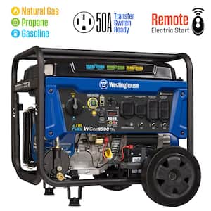 12,500/9,500-Watt Tri-Fuel Gas, Propane, Natural Gas Powered Portable Generator with Remote Electric Start, 50A Outlet