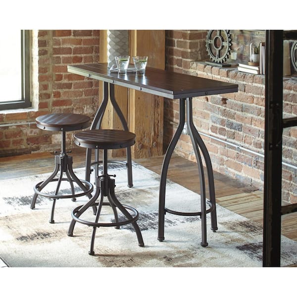 Signature DESIGN BY ASHLEY Odium 3-Piece Rectangular Rustic Brown Wood Top Table Set Seats 2