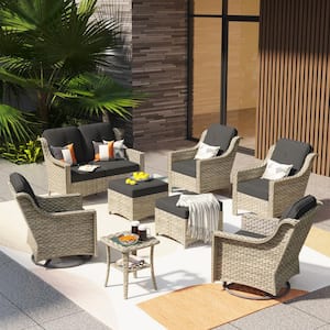 Leila 8-Piece Wicker Patio Conversation Seating Sofa Set with Black Cushions and Swivel Rocking Chairs