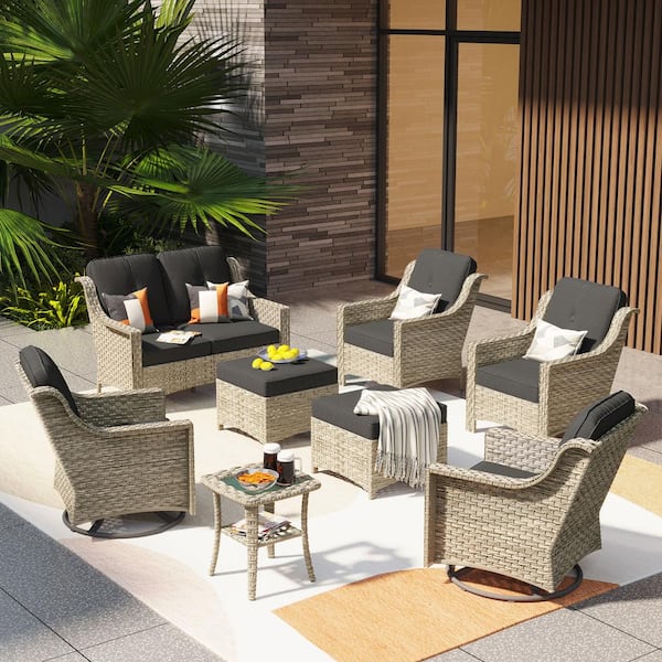 XIZZI Leila 8-Piece Wicker Patio Conversation Seating Sofa Set with Black Cushions and Swivel Rocking Chairs