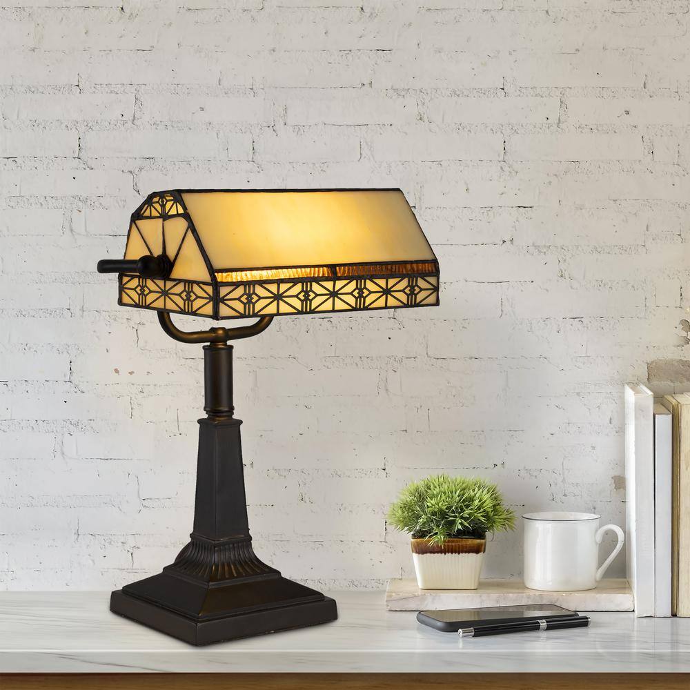 Tiffany-Style Black Wrought-Iron LED Bankers Lamp with Stained Glass Shade