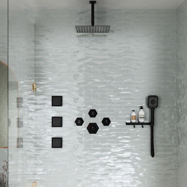 7-Spray 12 in. Wall Mount Dual Shower Heads and Handheld Shower Head with 2.5 GPM 3-Jet in Matte Black