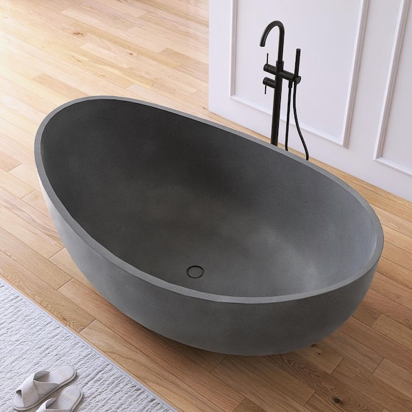 63 in. x 38 in. Concrete Composite Flatbottom Freestanding Soaking Bathtub in Gray