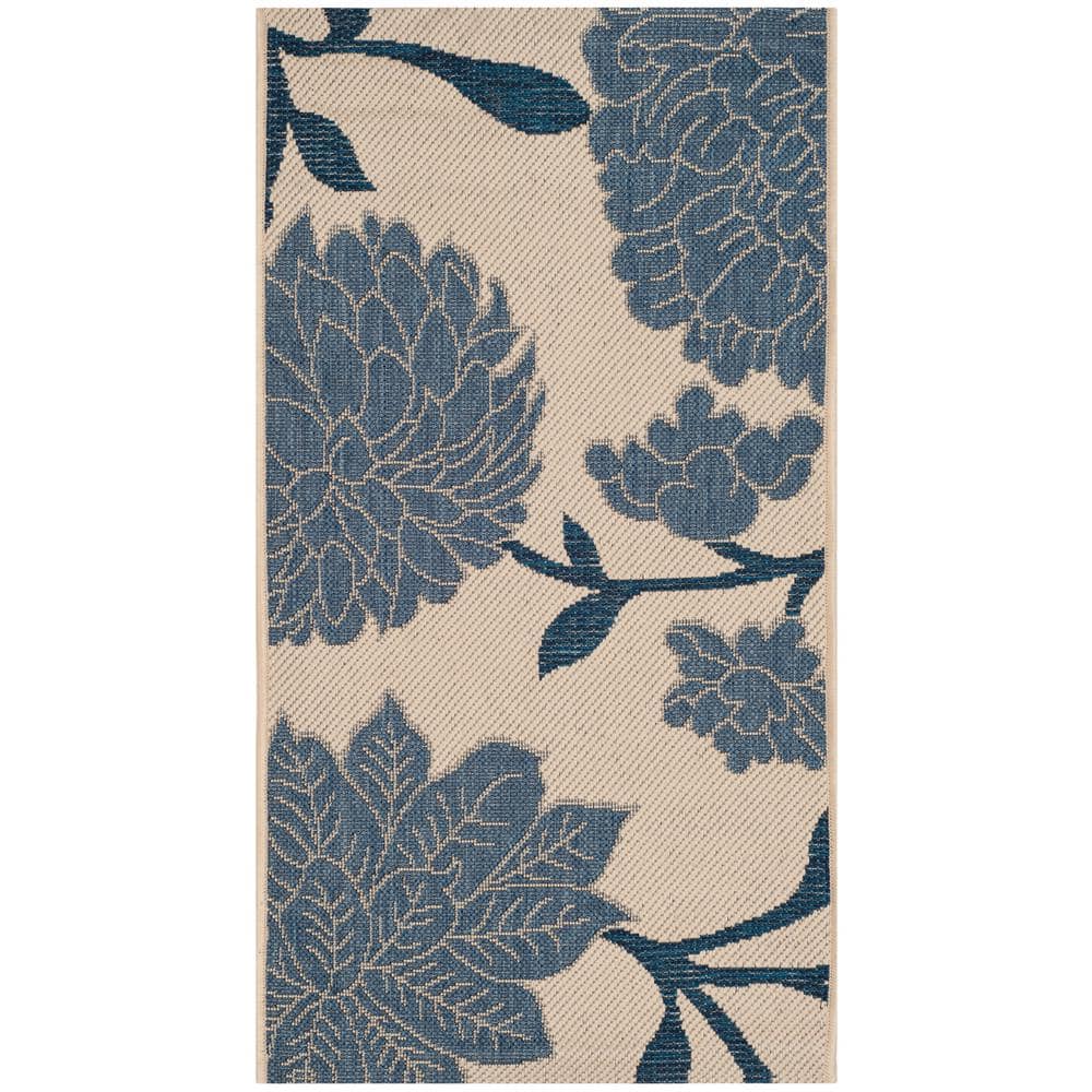 Blue and Beige Floral Outdoor Area Rug