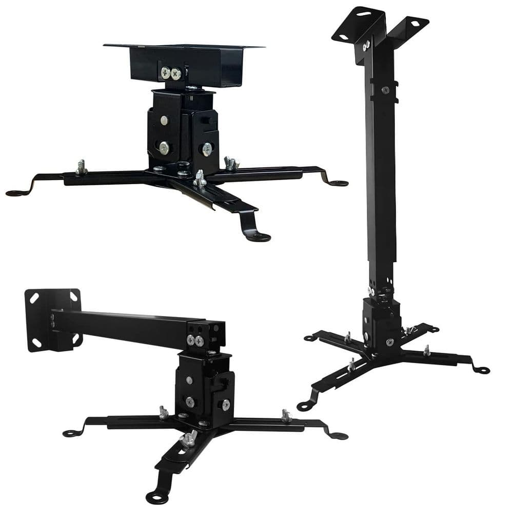 Black Metal Projector Wall and Ceiling Mount Bracket with Adjustable Height and Extendable Arms for Home and Office