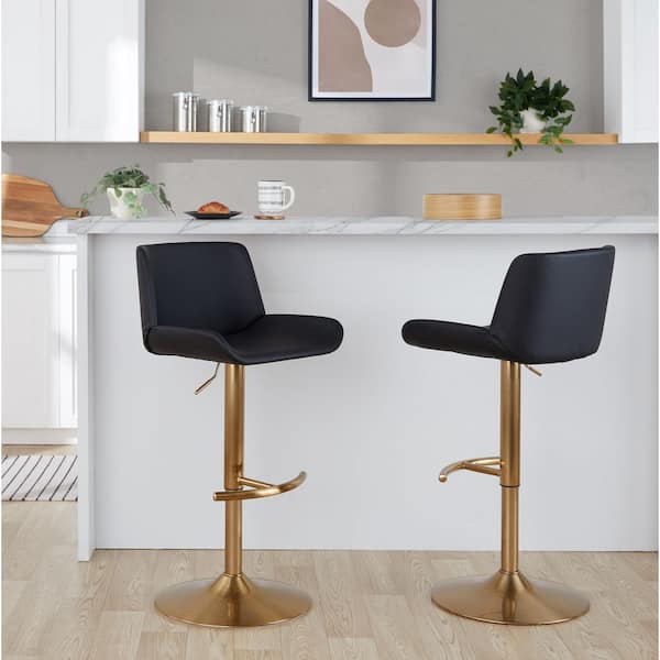 Lumisource Santi 31.5 in. Black Faux Leather and Gold Metal Adjustable Barstool (Set of 2)