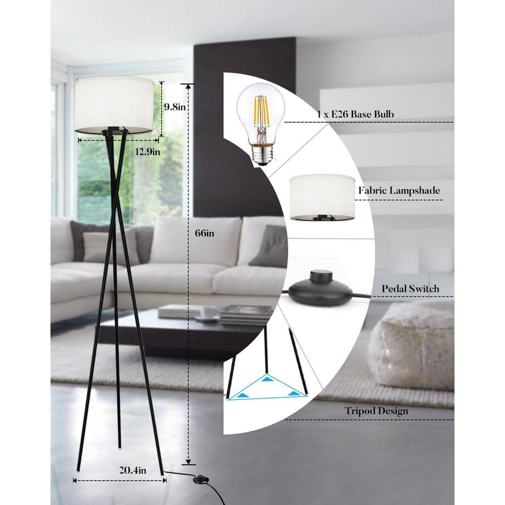 66-Inch Black Metal Tripod Floor Lamp with Burlap Shade