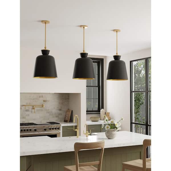 Holloway 100-Watt 1-Light Dark Matte Black and Legacy Brass Bell Pendant Light with Black Metal Shade, No Bulb Included