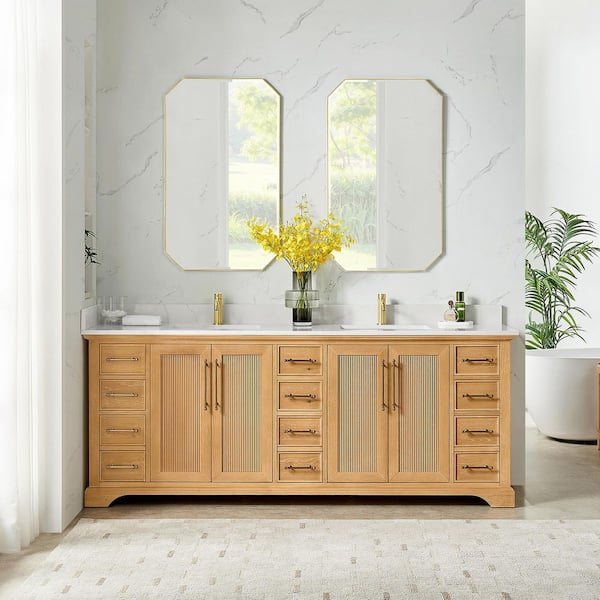 Tokyo 84 in. W. x 22 in. D x 44 in. H Double Bath Vanity in Oak Natural Brown with Silk White Quartz Stone Top