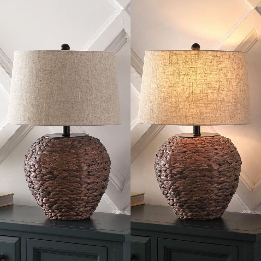 Dark Brown Water Hyacinth Basket Table Lamp with Beige Linen Shade