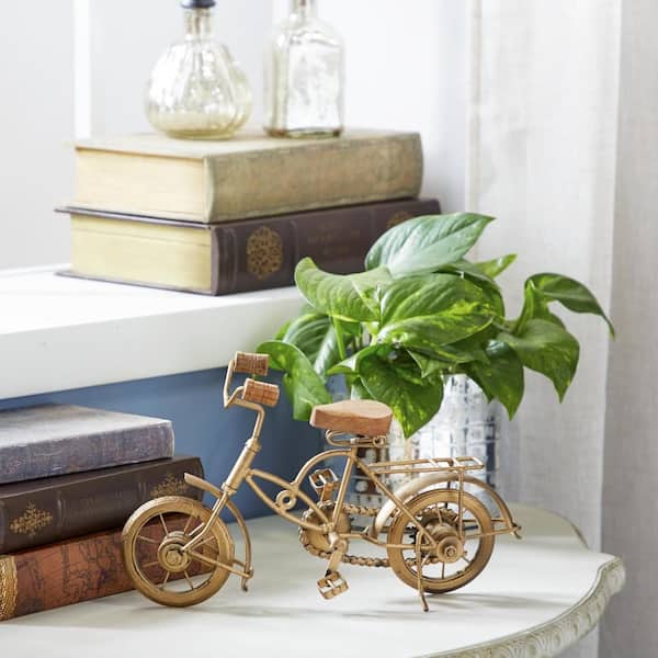Litton Lane 4 in. x 8 in. Gold Metal Bike Sculpture with Wood Accents