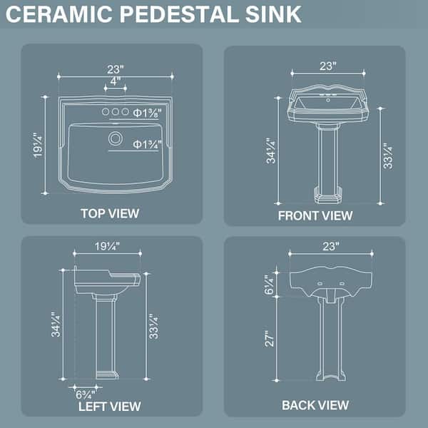 23 in. W x 19.2 in. D Pedestal Bathroom Sink Combo White Rectangular Vitreou China Sink with Overflow and 3 Faucet Holes