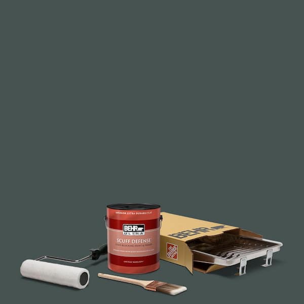 BEHR 1 gal. #MQ6-44 Black Evergreen Ultra Extra Durable Flat Interior Paint and 5-Piece Wooster Set All-in-One Project Kit