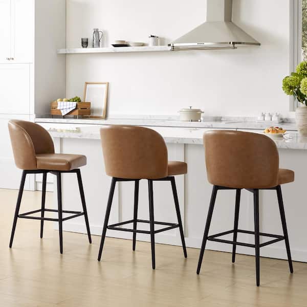 Cynthia 27 in. Cognac Brown High Back Metal Swivel Counter Stool with Faux Leather Seat (Set of 2)