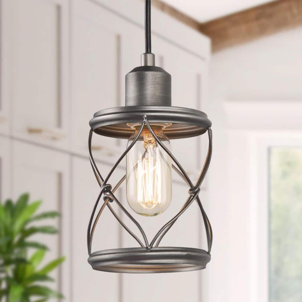 LNC Modern Farmhouse Gray Mini Pendant Light with Dark Pewter Geometric  Drum Metal Wire Cage, 1-Light Rustic Fixture for DIY A03475 The Home Depot