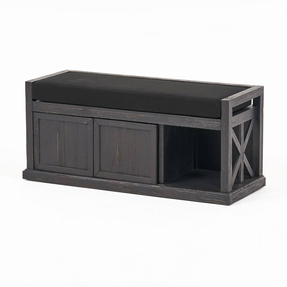 Sandblast Dark Gray Acacia Wood Storage Bench with Black Cushion