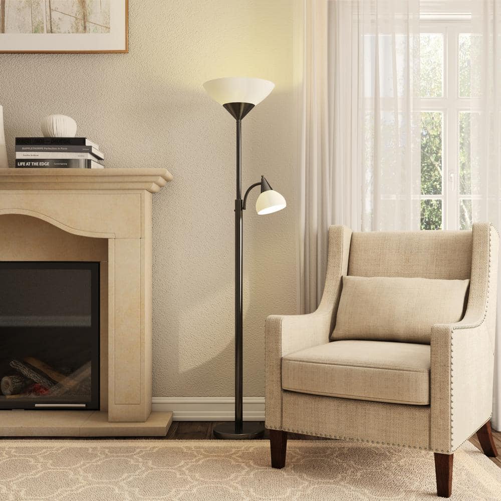 Black Adjustable Torchiere Floor Lamp with Reading Light