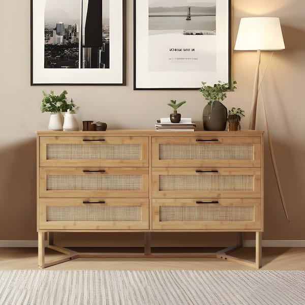 VEIKOUS Yellow Bamboo 6-Drawer 47.4 in. W Dresser Rattan Chest of Drawer with Unique Base (29.7 in. H x 15.8 in. L)