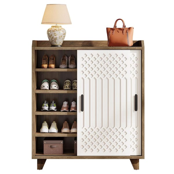 37.4 in. H x 12.2 in. W Brown and White Wood Shoe Storage Cabinet with Sliding Doors, Adjustable Shelves