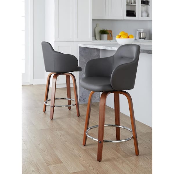 LumiSource Boyne 24 in. Grey Faux Leather, Walnut Wood and Chrome Metal Fixed-Height Counter Stool (Set of 2)