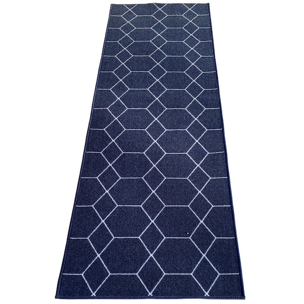 Unbranded Hexagon Trellis Blue Color 31 in. Width x Your Choice Length Custom Size Roll Runner Rug/Stair Runner