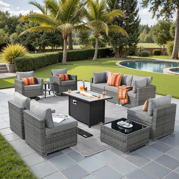 Sanibel Gray 11-Piece Wicker Patio Conversation Fire Pit Sectional Sofa Set with Swivel Chairs and Dark Gray Cushions