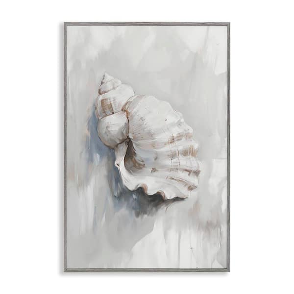 Stupell Industries Neutral Curved Seashell by Ramona Murdock Gray Framed Animal Giclee Art Print 24 in. x 16 in.