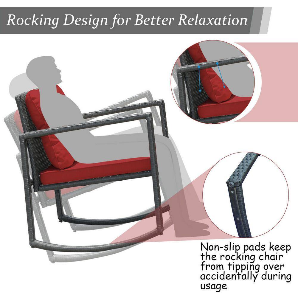 Red Cushioned Black Steel Rocking Armchairs with Glass Table Set