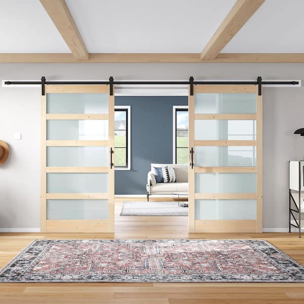 72 in. x 84 in. (Double 36 in. Doors) 5-Lite Frosted Glass Solid Spruce Wood Sliding Barn Door with Hardware Kit