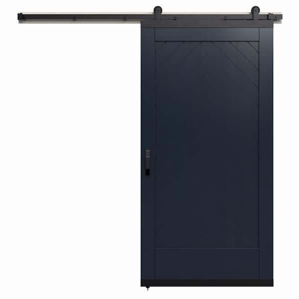 JELD-WEN 42 in. x 80 in. Karona Chevron Maritime Blue Stained Maple Wood Sliding Barn Door with Hardware Kit